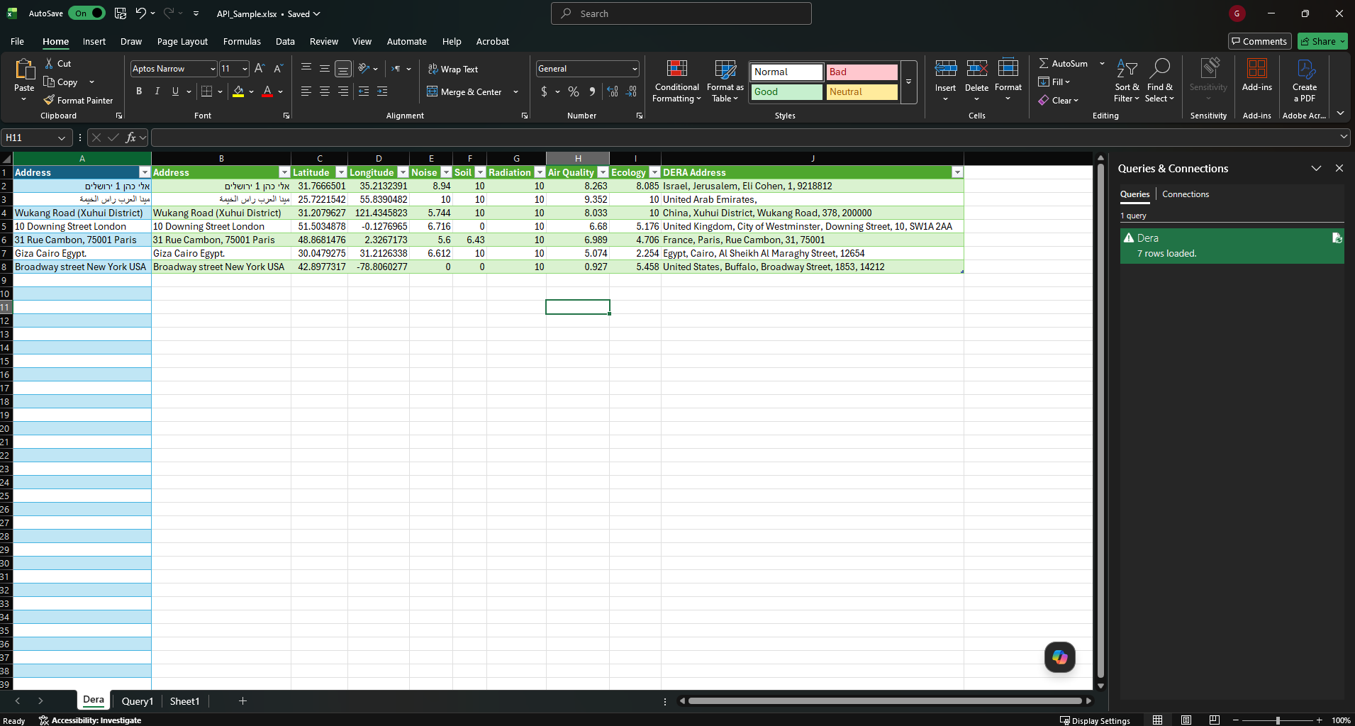 Excel sample showing address list in column A and the Dera query in the Queries & Connections sidebar